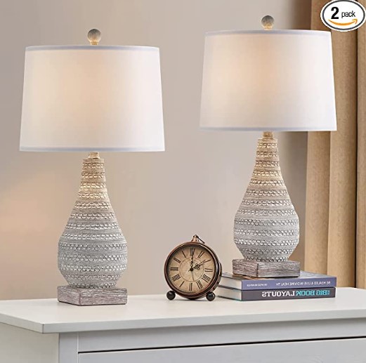 Pottery Lamp: Traditional Nightstand Lamps with White Fabric Shade